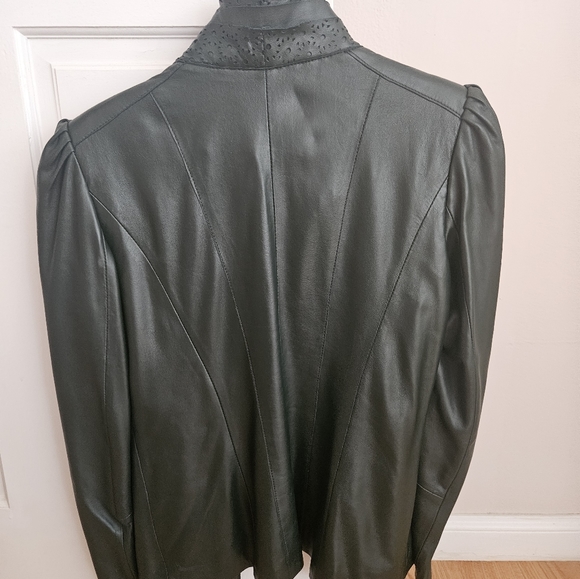 Bagatelle Butter Soft Laser-cut Ruffle Leather Jacket - Forest Green M (Medium) - Picture 2 of 4